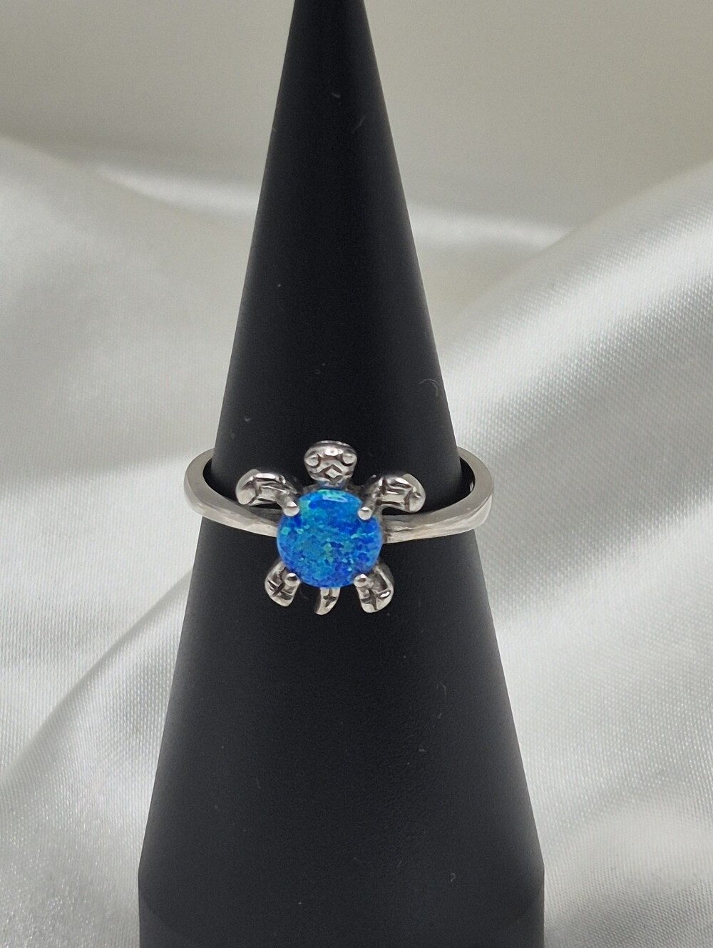 Blue Opal Sea Turtle Ring Size 8.5 Striking Lab Opal Fire Opal Animal